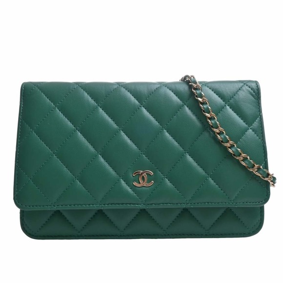 CHANEL Handbags - CHANEL Lambskin Matelasse Coco Mark Chain Shoulder Long Wallet Green Ladies